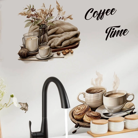Adesivi Murali Watercolor Coffee Time Per Cucina Bar Casa Decalcomanie in Vinile Autoadesive Motivo Tazze e Pasticcini