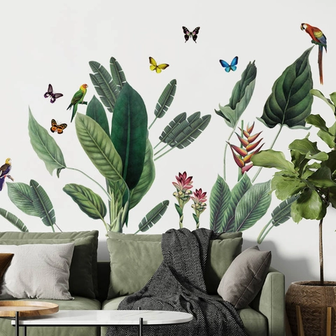 Adesivi Murali Grandi con Piante Tropicali e Pappagallo per Camera da Letto Soggiorno Sfondo PVC Autoadesivo Foglie Verdi Murale Decorazione Casa