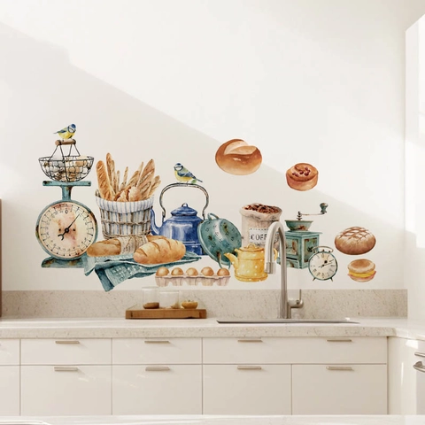 Watercolor Kitchen Utensils Bread Wall Sticker Waterproof PVC Self-Adhesive Removable Decal For Dining Room Cafe Home Decor