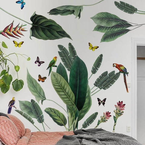 Adesivi Murali Grandi con Piante Tropicali e Pappagallo per Camera da Letto Soggiorno Sfondo PVC Autoadesivo Foglie Verdi Murale Decorazione Casa