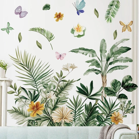 Tropische Grüne Pflanzen Palmenblätter Schmetterling PVC Wandtattoo Aquarell Blumen Selbstklebend Haus Kunst Wanddekor