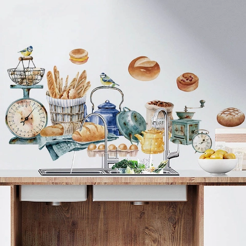 Watercolor Kitchen Utensils Bread Wall Sticker Waterproof PVC Self-Adhesive Removable Decal For Dining Room Cafe Home Decor
