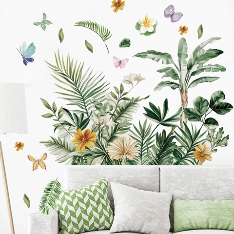 Tropische Grüne Pflanzen Palmenblätter Schmetterling PVC Wandtattoo Aquarell Blumen Selbstklebend Haus Kunst Wanddekor