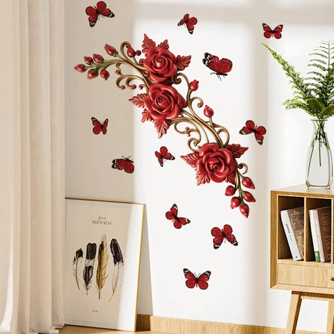 Stickers Muraux 3D Rose Rouge Papillon Autocollants Muraux Floraux en PVC Auto Adhésifs Amovibles Pour Décoration De Maison