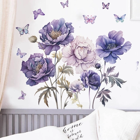 Watercolor Purple Rose Butterfly Wall Stickers Removable PVC Floral Butterfly Decals For Kids Room Bedroom Home Decoration