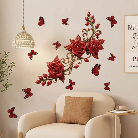 Stickers Muraux 3D Rose Rouge Papillon Autocollants Muraux Floraux en PVC Auto Adhésifs Amovibles Pour Décoration De Maison