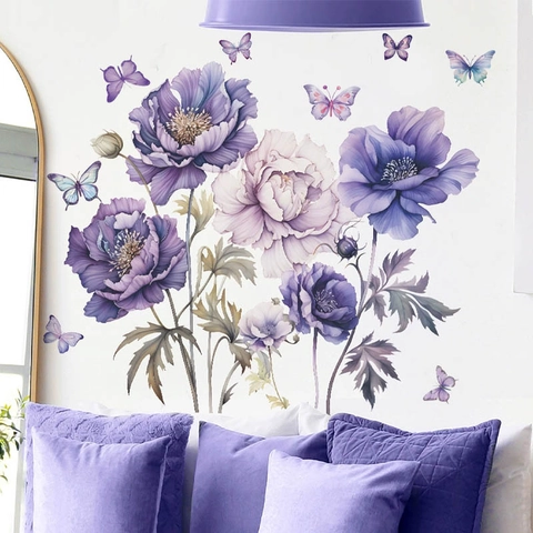 Watercolor Purple Rose Butterfly Wall Stickers Removable PVC Floral Butterfly Decals For Kids Room Bedroom Home Decoration