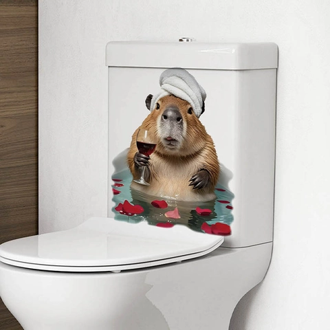 Funny 3D Capybara Bathing Toilet Sticker Waterproof PVC Wall Decal For Bathroom Home Decor Cute Animal With Wine Glass