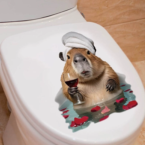 Funny 3D Capybara Bathing Toilet Sticker Waterproof PVC Wall Decal For Bathroom Home Decor Cute Animal With Wine Glass