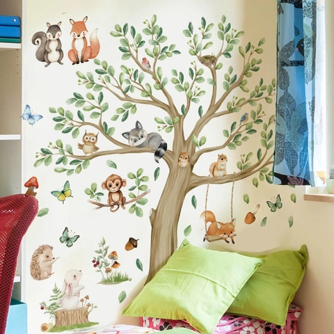Adesivo da Parete Altalena Animali Foresta Cartone Animato Acquerello Decorazione Cameretta Bambini PVC Autoadesivo per Casa