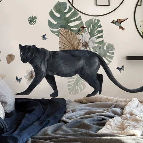 Adesivo da Parete Acquerello Pantera Nera Foglie Tropicali Monstera in PVC Rimovibile per Soggiorno Camera da Letto Casa