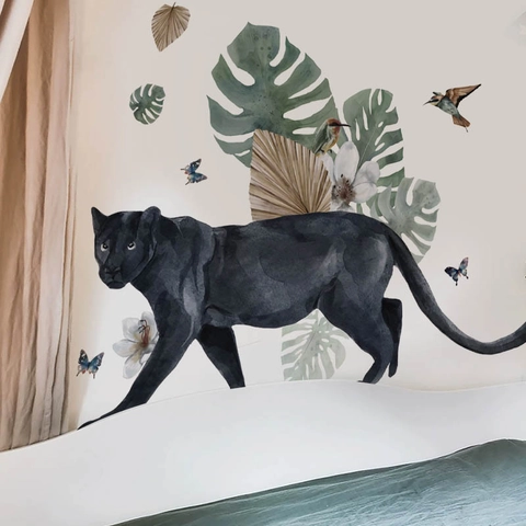 Adesivo da Parete Acquerello Pantera Nera Foglie Tropicali Monstera in PVC Rimovibile per Soggiorno Camera da Letto Casa