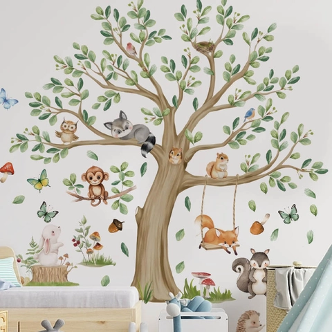 Adesivo da Parete Altalena Animali Foresta Cartone Animato Acquerello Decorazione Cameretta Bambini PVC Autoadesivo per Casa