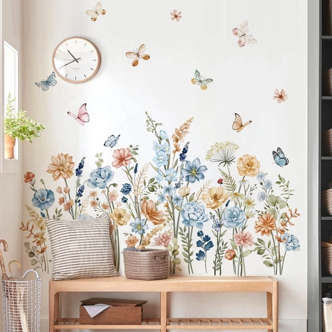 Aquarell Wildblumen Schmetterlinge Wandaufkleber Bohemian PVC Abnehmbare Blumen Wandtattoos Für Schlafzimmer Wohnzimmer Dekoration