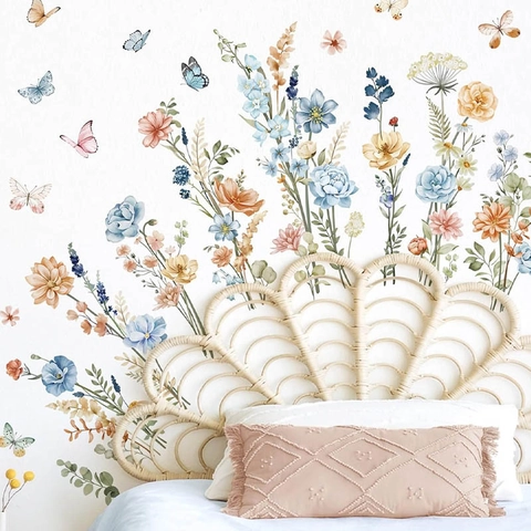 Aquarell Wildblumen Schmetterlinge Wandaufkleber Bohemian PVC Abnehmbare Blumen Wandtattoos Für Schlafzimmer Wohnzimmer Dekoration