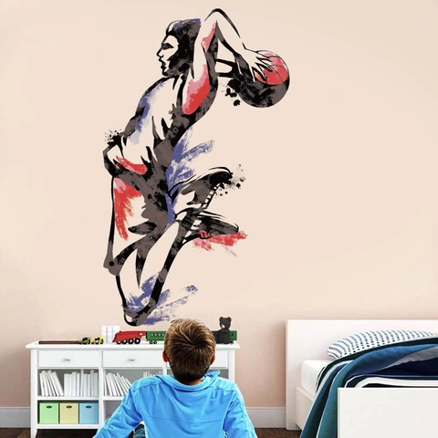 Pegatina de Pared Artística de Jugador de Baloncesto con Mate Silueta de Acuarela con Tinta para Habitación de Niños Gimnasio