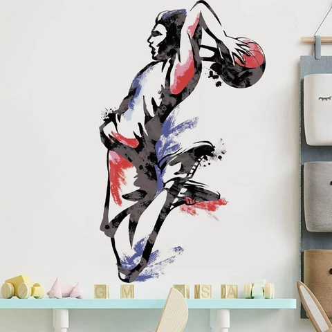 Pegatina de Pared Artística de Jugador de Baloncesto con Mate Silueta de Acuarela con Tinta para Habitación de Niños Gimnasio