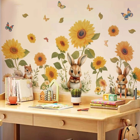 Adesivo da Parete Girasole Acquerello Coniglietto Scoiattolo in PVC Autoadesivo Murale per Camera dei Bambini Soggiorno Casa