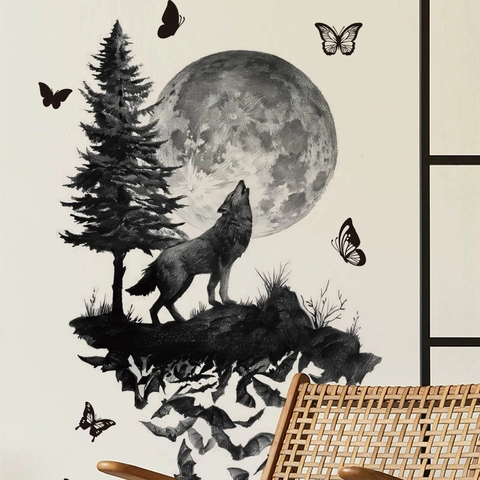 Halloween Night Wolf Howling Wall Sticker PVC Waterproof Moon Pine Tree Bat Pattern Removable Decal For Living Room Home Decor