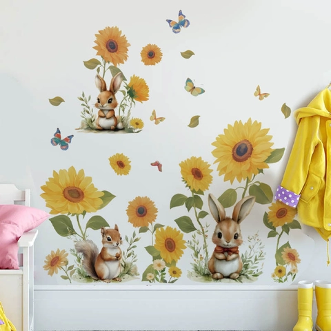 Adesivo da Parete Girasole Acquerello Coniglietto Scoiattolo in PVC Autoadesivo Murale per Camera dei Bambini Soggiorno Casa