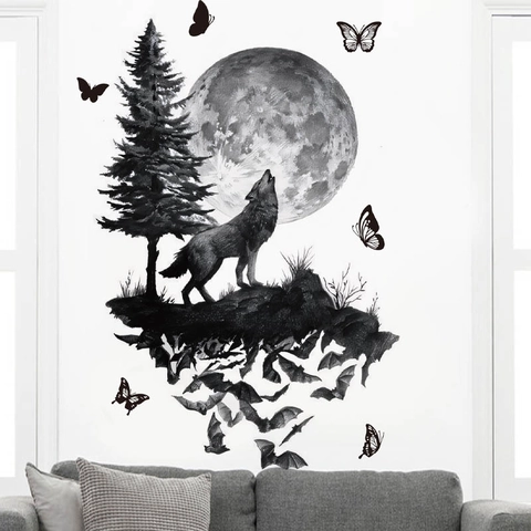 Halloween Night Wolf Howling Wall Sticker PVC Waterproof Moon Pine Tree Bat Pattern Removable Decal For Living Room Home Decor