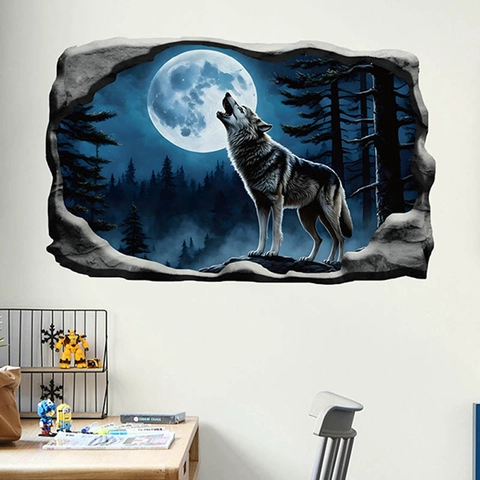 Adesivo da Parete 3D Lupo che Ulula alla Luna Foresta Mezzanotte in PVC Removibile Autoadesivo per Decorazioni Halloween