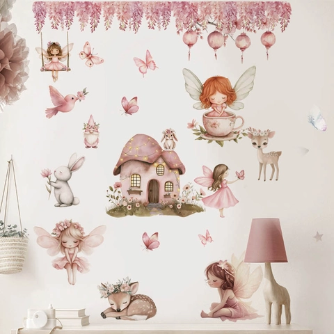 Cartoon Fee Pilzhaus Wandtattoo Für Mädchen Schlafzimmer Rosa Aquarell Waldtier PVC Selbstklebende Wandaufkleber Dekoration