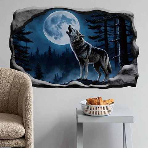 Adesivo da Parete 3D Lupo che Ulula alla Luna Foresta Mezzanotte in PVC Removibile Autoadesivo per Decorazioni Halloween