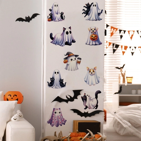 Adesivi Murali di Halloween Fantasma di Lenzuola Cartone Animato Carino Animali Fantasma Pipistrello Zucca Decoro Casa Murali