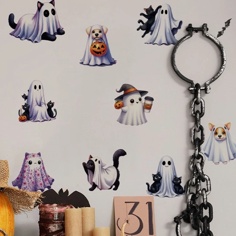 Adesivi Murali di Halloween Fantasma di Lenzuola Cartone Animato Carino Animali Fantasma Pipistrello Zucca Decoro Casa Murali