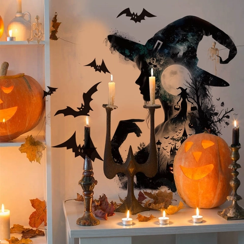 Halloween Heks Vleermuis Muurstickers PVC Verwijderbare Silhouet Muurstickers Voor Woonkamer Slaapkamer Festival Home Decor Kunst Muurschildering