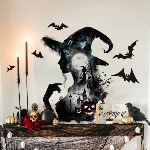 Halloween Heks Vleermuis Muurstickers PVC Verwijderbare Silhouet Muurstickers Voor Woonkamer Slaapkamer Festival Home Decor Kunst Muurschildering