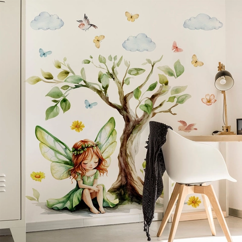 Pegatinas de Pared de Acuarela Hada Mariposa Niña Árbol del Bosque Pájaros Mariposas para Dormitorio Infantil Decoración de Arte