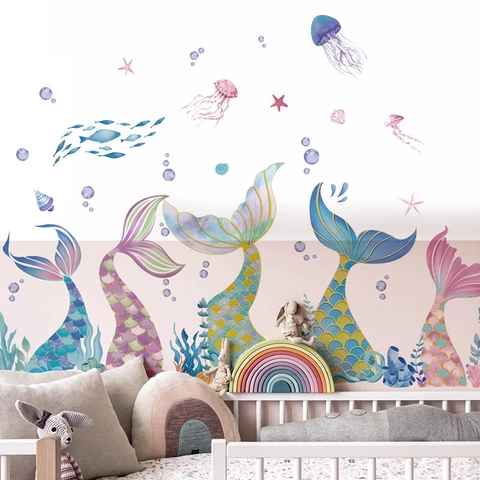 Pegatinas de Pared de Cola de Sirena de Acuarela Para Decoración de Habitación de Niñas Vida Marina Oceánica Calcomanías de PVC Para Dormitorio