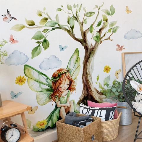 Pegatinas de Pared de Acuarela Hada Mariposa Niña Árbol del Bosque Pájaros Mariposas para Dormitorio Infantil Decoración de Arte