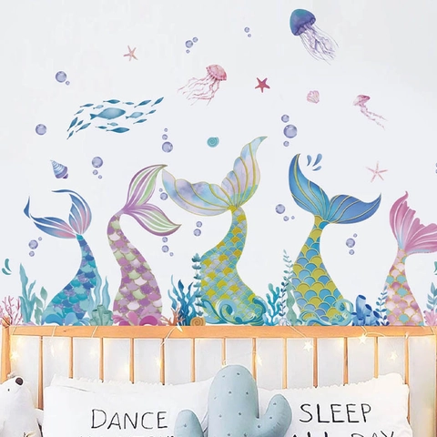 Pegatinas de Pared de Cola de Sirena de Acuarela Para Decoración de Habitación de Niñas Vida Marina Oceánica Calcomanías de PVC Para Dormitorio
