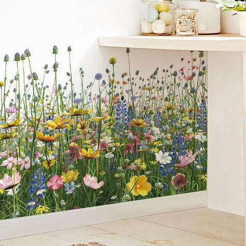 Pastoraler Wildblumen Wandaufkleber PVC Selbstklebend Floral Wiese Sockelleiste Dekoration Für Wohnzimmer Schlafzimmer Home Decor