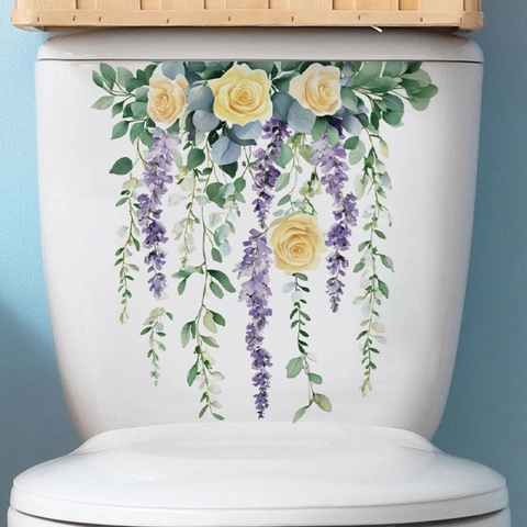 Aquarel Bloem Badkamer Stickers Waterdicht PVC Zelfklevend Muurstickers Paarse Wisteria Gele Roos Ranken Toilet Decoratie Thuis