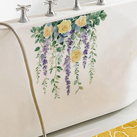 Aquarel Bloem Badkamer Stickers Waterdicht PVC Zelfklevend Muurstickers Paarse Wisteria Gele Roos Ranken Toilet Decoratie Thuis