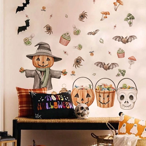 Halloween Cartoon Scarecrow Pumpkin Bat Wall Sticker Removable PVC Watercolor Decal For Indoor Home Festival Decoration