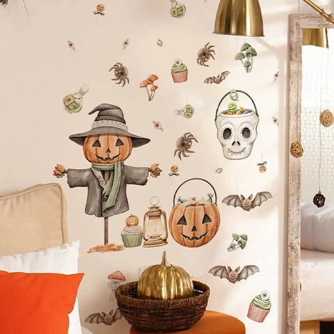 Halloween Cartoon Scarecrow Pumpkin Bat Wall Sticker Removable PVC Watercolor Decal For Indoor Home Festival Decoration