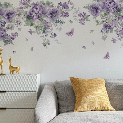 Purple Floral Butterfly Wall Stickers Watercolor Flower PVC Decals For Living Room Bedroom Bathroom Home Decorative Stickers