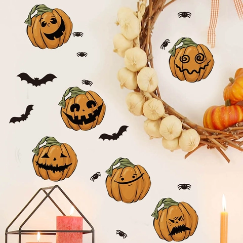 Adhesivos de Pared con Cara de Calabaza de Halloween Dibujos Animados Calcomanías de Murciélago Araña para Sala de Estar Dormitorio Fiesta