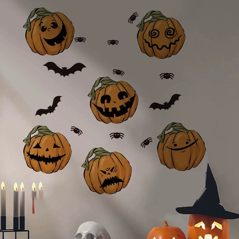 Adhesivos de Pared con Cara de Calabaza de Halloween Dibujos Animados Calcomanías de Murciélago Araña para Sala de Estar Dormitorio Fiesta