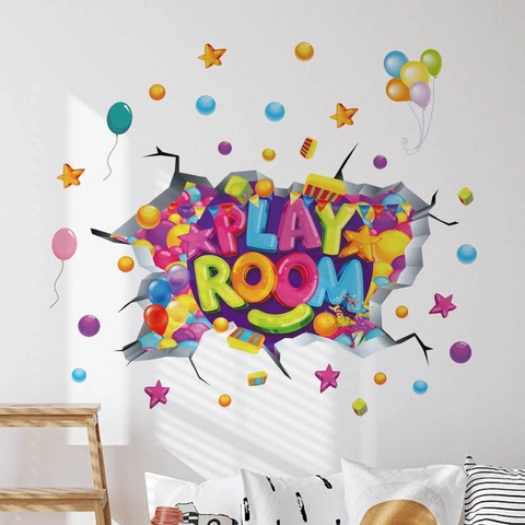 Pegatina de Pared 3D Play Room Para Habitación Infantil Decoración PVC Removible Multicolor Globo Estrella Efecto Grieta
