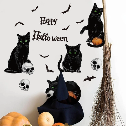 Halloween Schwarze Katze Fledermaus Wandaufkleber Abnehmbare PVC Kürbis Skelett Aufkleber Für Wohnzimmer Schlafzimmer Wandkunst Deko