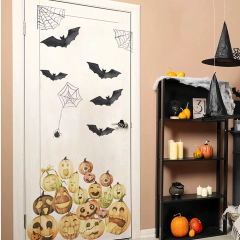 Halloween Pumpkin Bat Wall Stickers Waterproof Removable PVC Door Mural Hand-drawn Watercolor Decor For Home Living Room