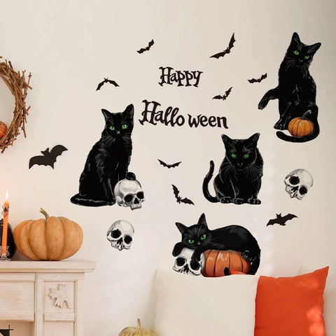 Halloween Schwarze Katze Fledermaus Wandaufkleber Abnehmbare PVC Kürbis Skelett Aufkleber Für Wohnzimmer Schlafzimmer Wandkunst Deko