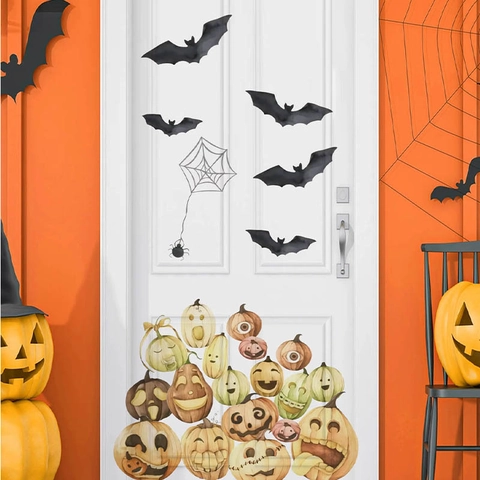 Halloween Pumpkin Bat Wall Stickers Waterproof Removable PVC Door Mural Hand-drawn Watercolor Decor For Home Living Room