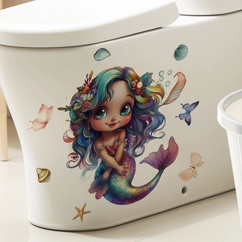Adesivo da Parete Bagno Sirena Cartone Animato Impermeabile PVC Decalcomania Sedile WC Decorazione Vasca da Bagno Casa